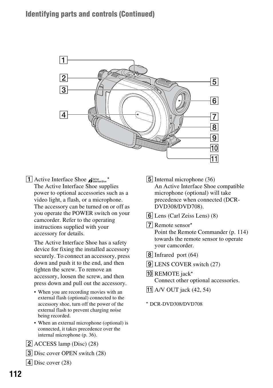 P. 112), Identifying parts and controls (continued) | Sony DCR-DVD108BDL User Manual | Page 112 / 139