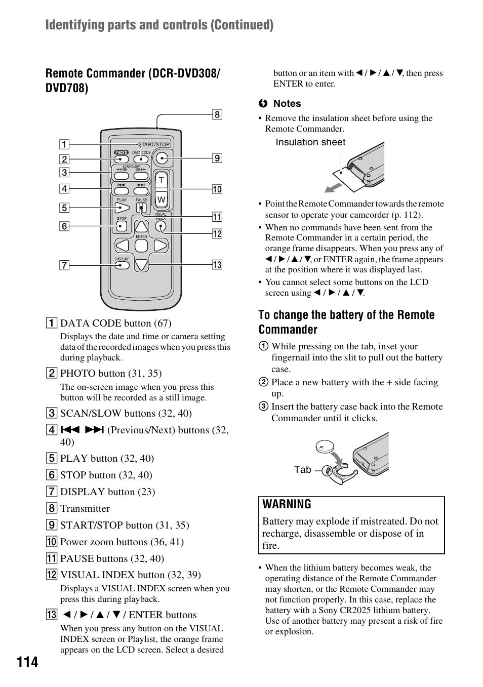 1) (p. 114), P. 114), P. 114 | Identifying parts and controls (continued), Warning | Sony DCR-DVD108BDL User Manual | Page 114 / 139