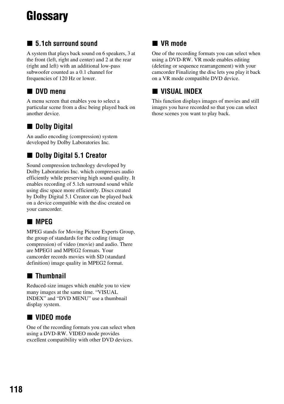 Glossary | Sony DCR-DVD108BDL User Manual | Page 118 / 139