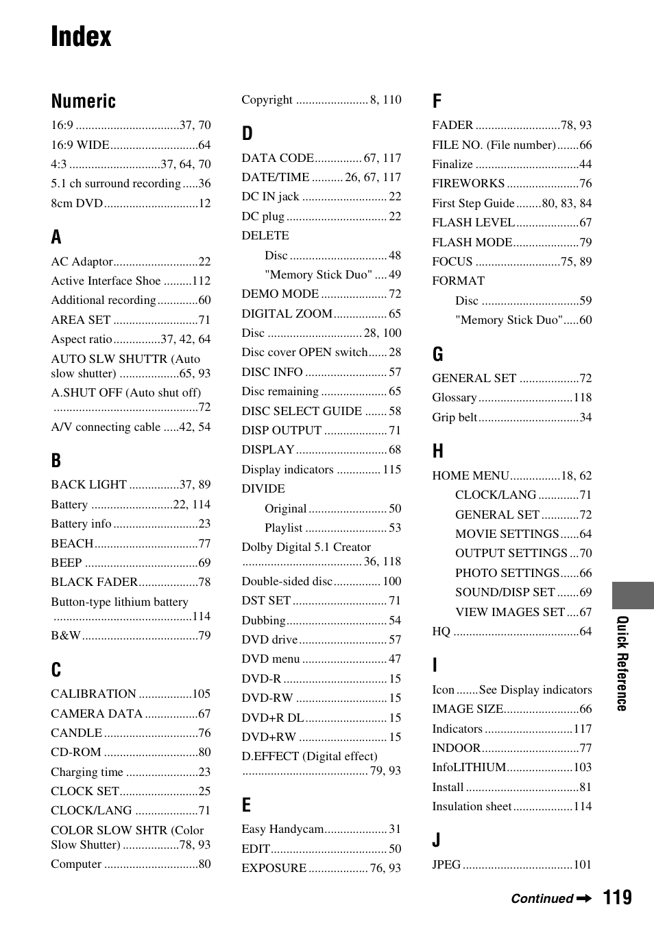 Index, Numeric | Sony DCR-DVD108BDL User Manual | Page 119 / 139