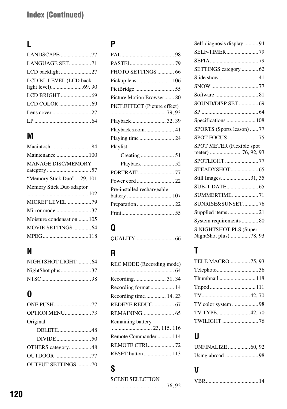 Index (continued) | Sony DCR-DVD108BDL User Manual | Page 120 / 139