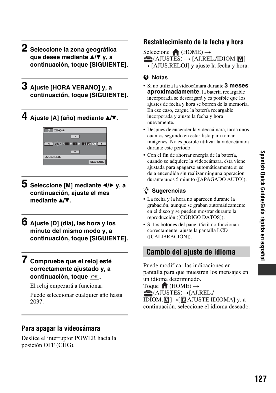 Cambio del ajuste de idioma | Sony DCR-DVD108BDL User Manual | Page 127 / 139