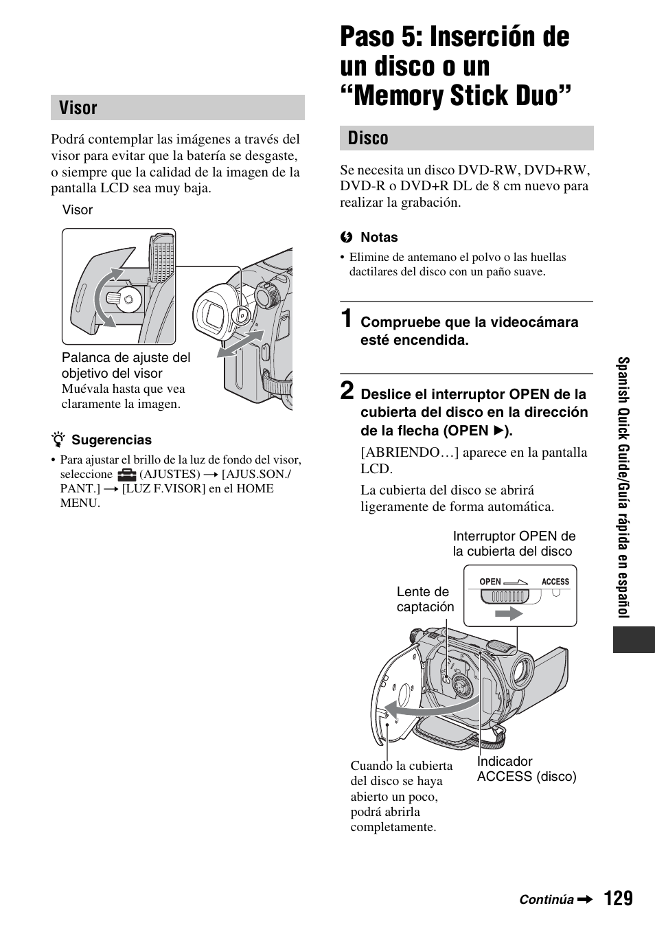 Visor, Disco | Sony DCR-DVD108BDL User Manual | Page 129 / 139