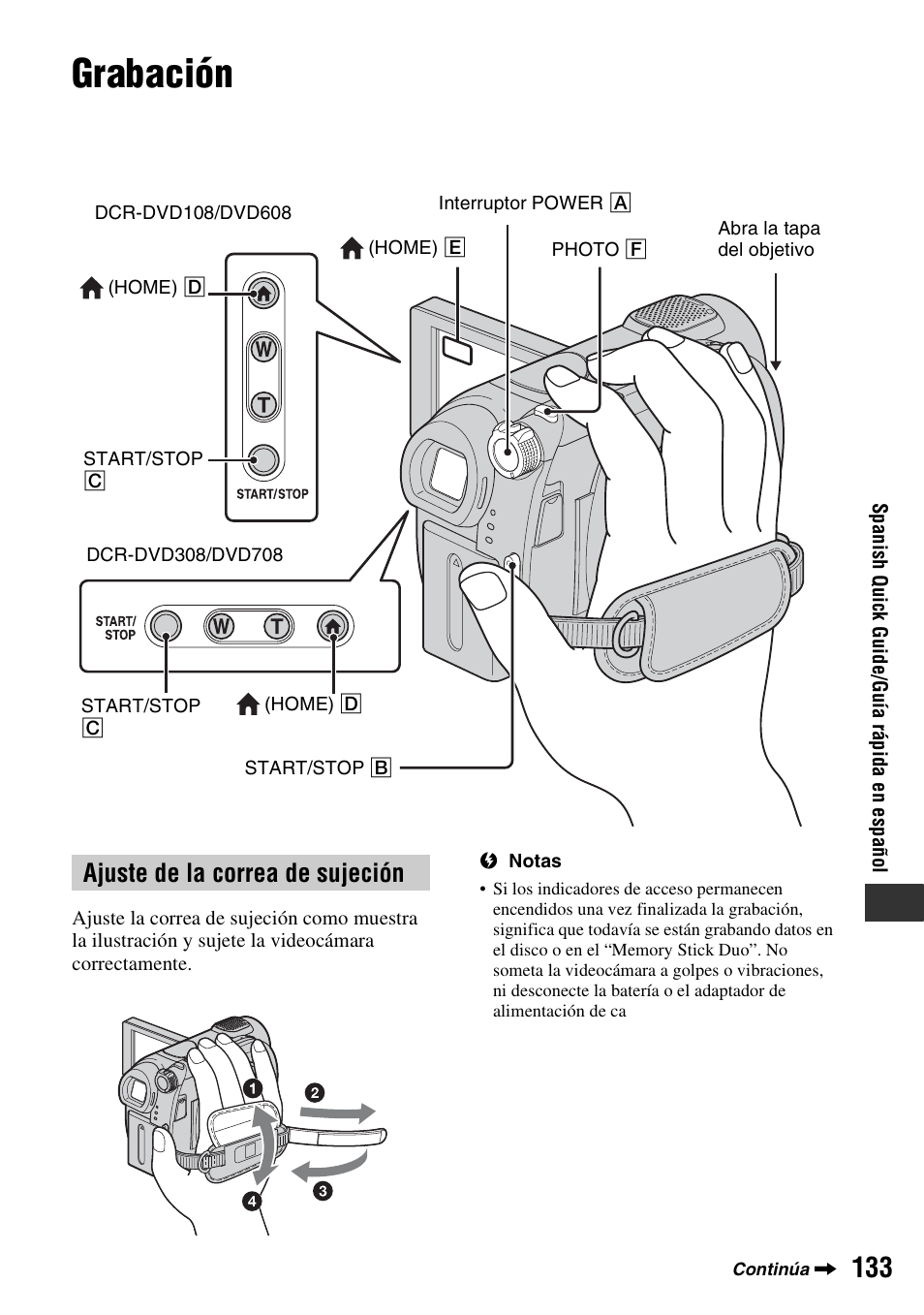 Grabación, Ajuste de la correa de sujeción | Sony DCR-DVD108BDL User Manual | Page 133 / 139