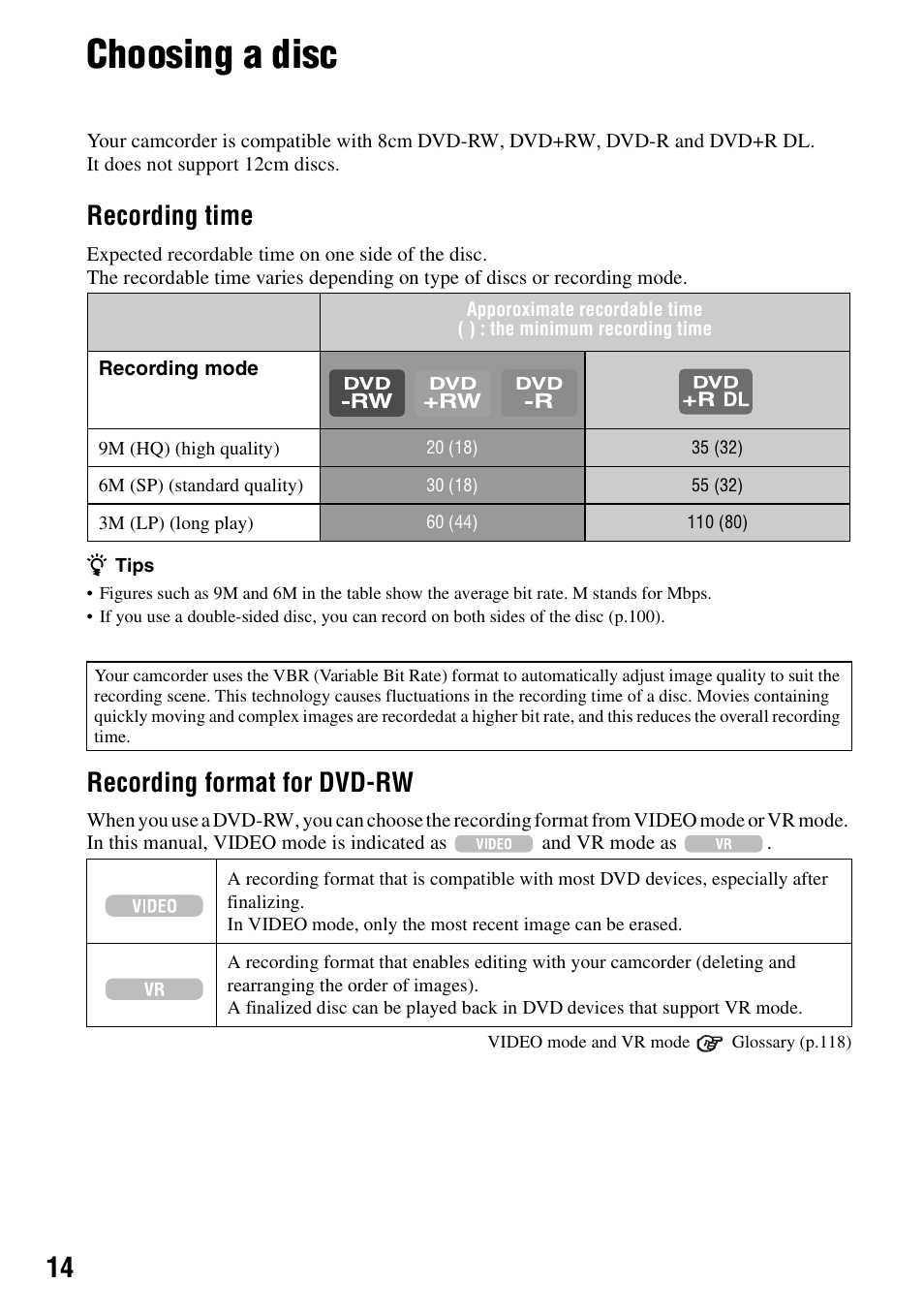 Choosing a disc, Recording time, Recording format for dvd-rw | Sony DCR-DVD108BDL User Manual | Page 14 / 139