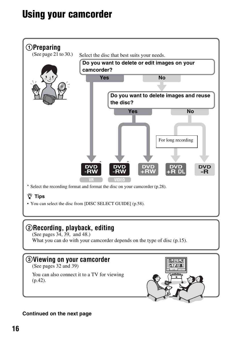 Using your camcorder, 1preparing, 2recording, playback, editing | 3viewing on your camcorder | Sony DCR-DVD108BDL User Manual | Page 16 / 139