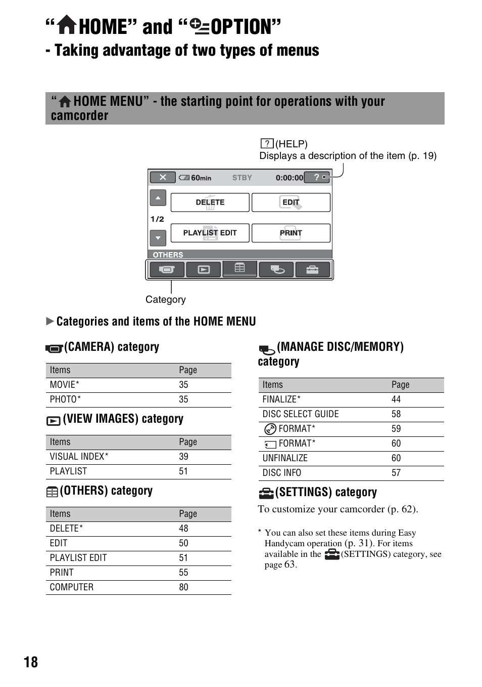 Home” and, Option, Taking advantage of two types of menus | Home” and “ option | Sony DCR-DVD108BDL User Manual | Page 18 / 139