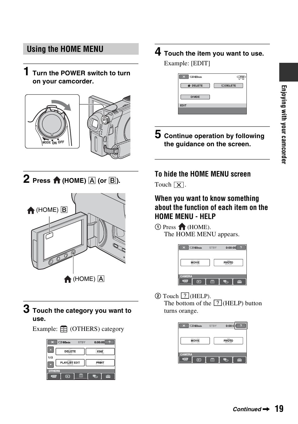 Using the home menu | Sony DCR-DVD108BDL User Manual | Page 19 / 139