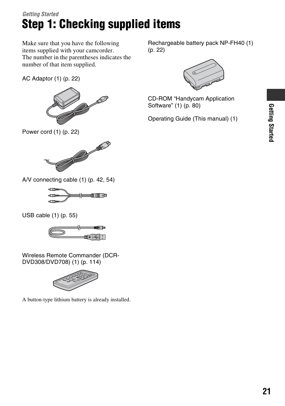 Getting started, Step 1: checking supplied items, 21 t | Sony DCR-DVD108BDL User Manual | Page 21 / 139