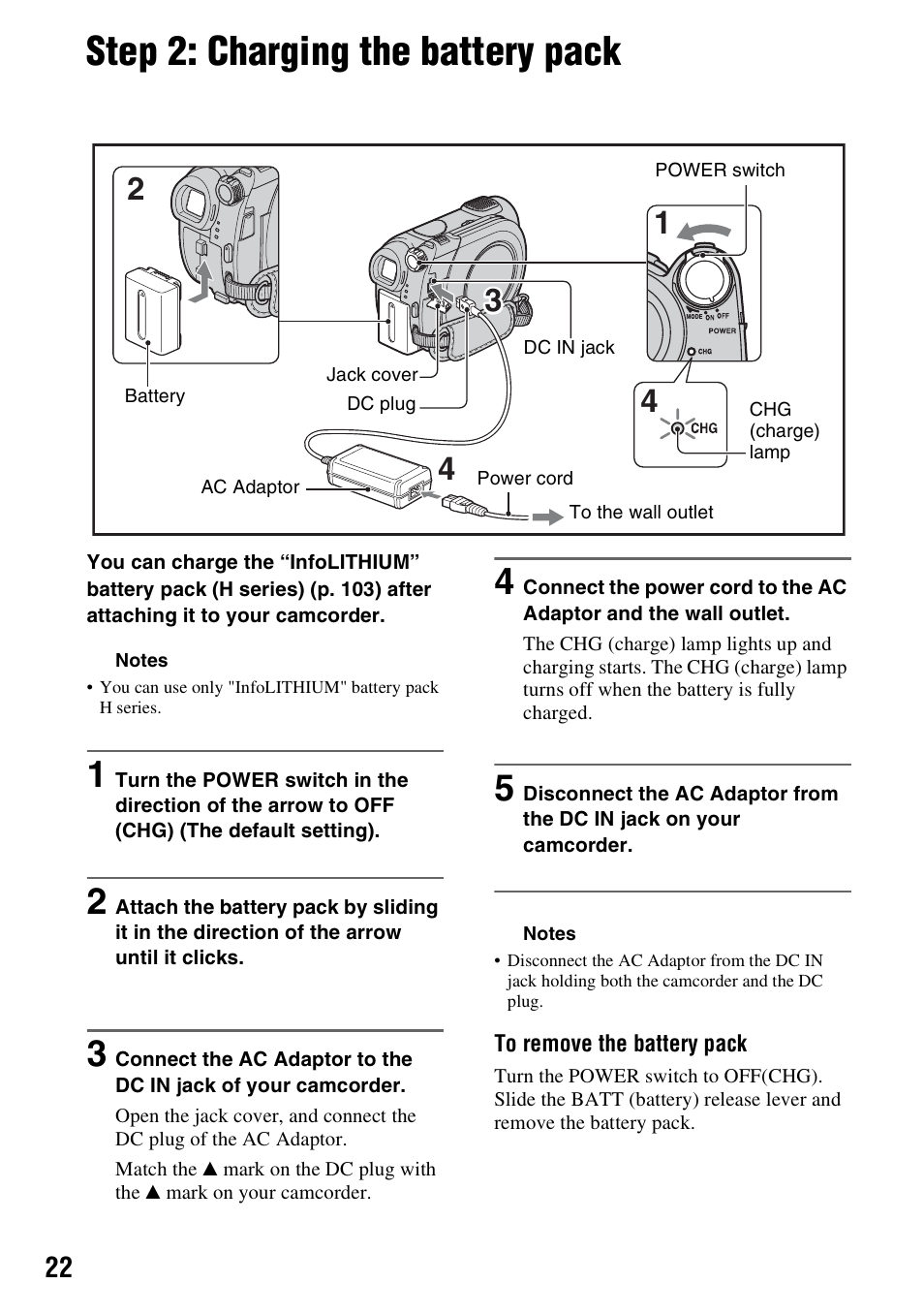 Step 2: charging the battery pack, P. 22) | Sony DCR-DVD108BDL User Manual | Page 22 / 139