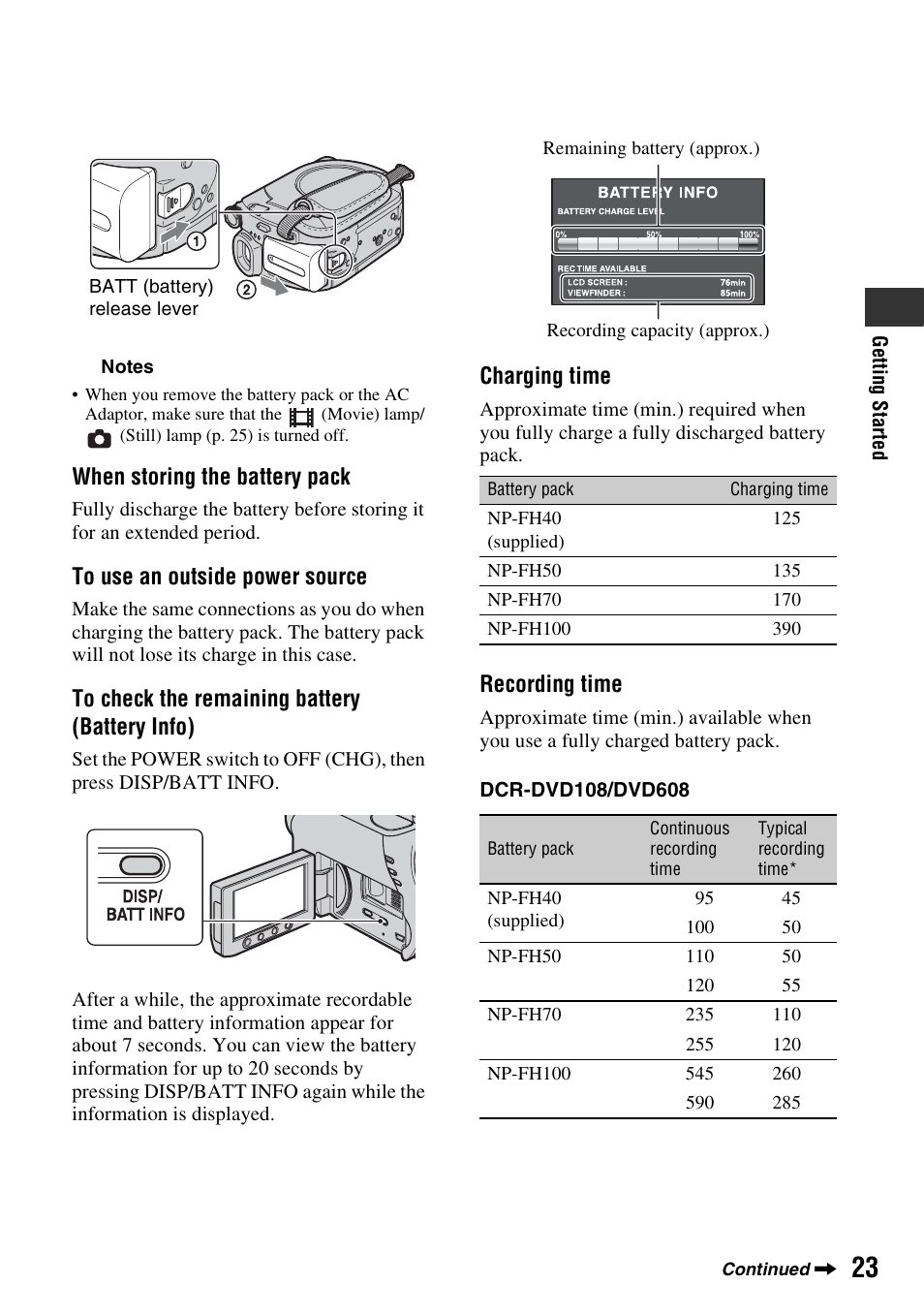 When storing the battery pack, Charging time, Recording time | Sony DCR-DVD108BDL User Manual | Page 23 / 139