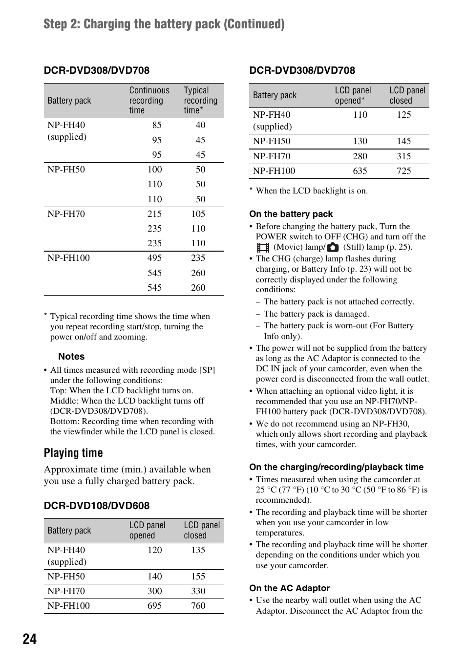 Step 2: charging the battery pack (continued), Playing time | Sony DCR-DVD108BDL User Manual | Page 24 / 139