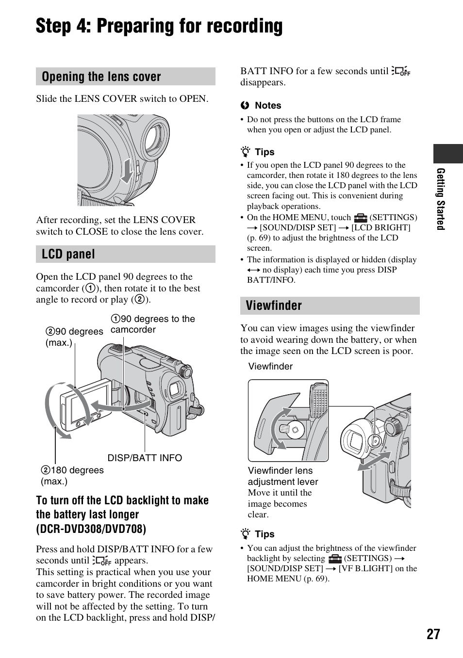 Step 4: preparing for recording, Opening the lens cover lcd panel, Viewfinder | Sony DCR-DVD108BDL User Manual | Page 27 / 139