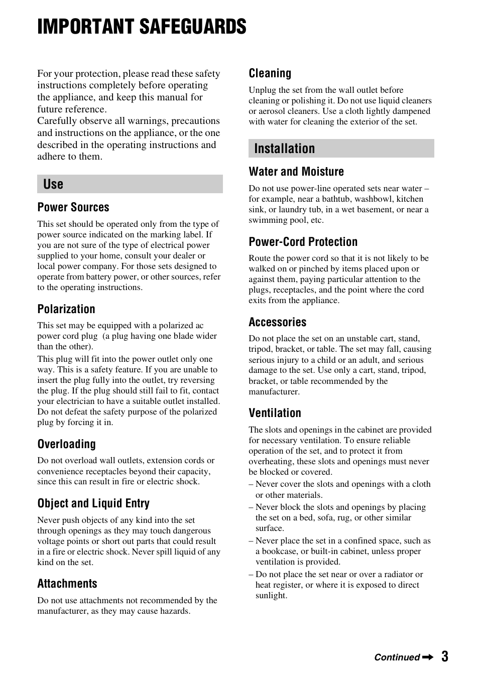 Important safeguards, Use installation | Sony DCR-DVD108BDL User Manual | Page 3 / 139