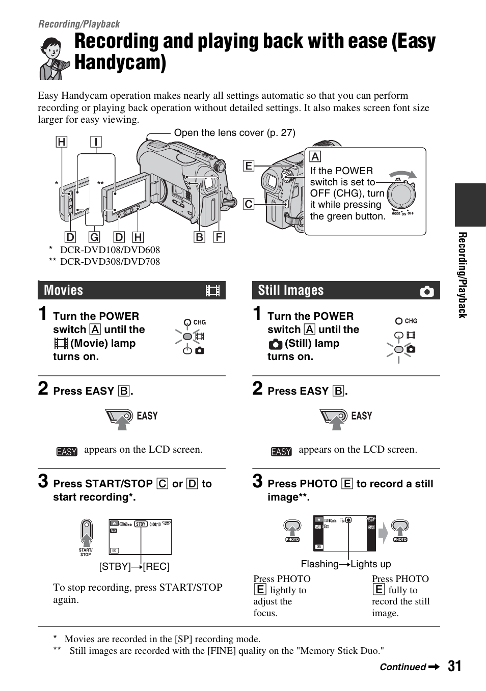 Recording/playback, Recording/playback 31, P.31 | P. 31), Movies, Still images | Sony DCR-DVD108BDL User Manual | Page 31 / 139