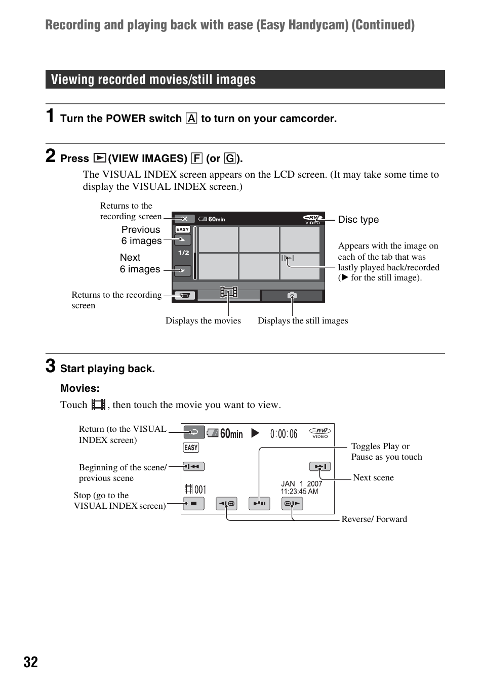 P.32, Viewing recorded movies/still images | Sony DCR-DVD108BDL User Manual | Page 32 / 139