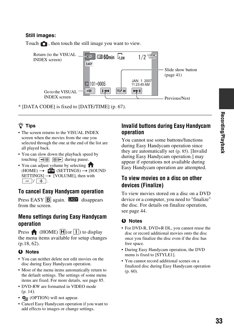 Menu settings during easy handycam operation, Invalid buttons during easy handycam operation | Sony DCR-DVD108BDL User Manual | Page 33 / 139