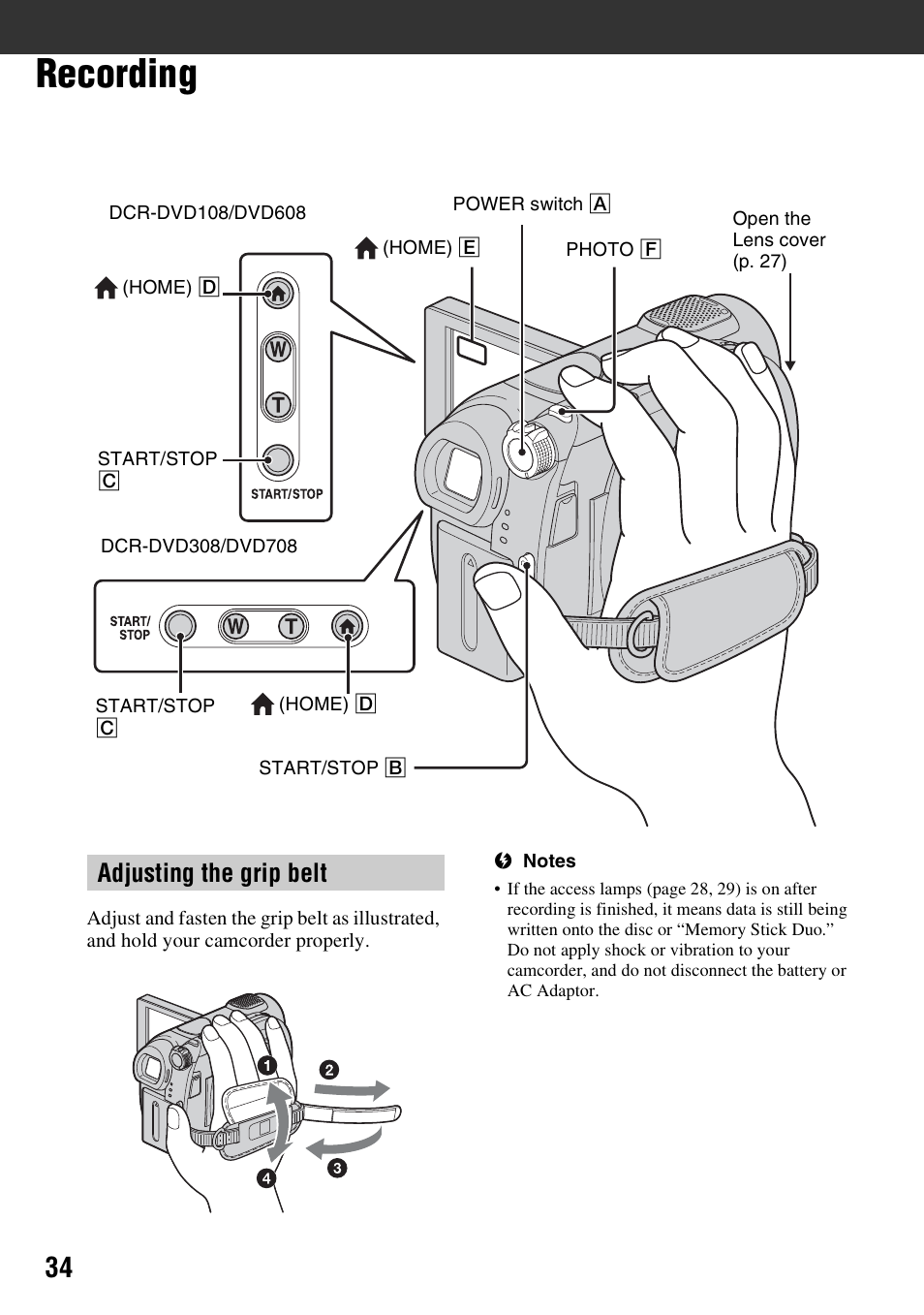 Recording, Adjusting the grip belt | Sony DCR-DVD108BDL User Manual | Page 34 / 139