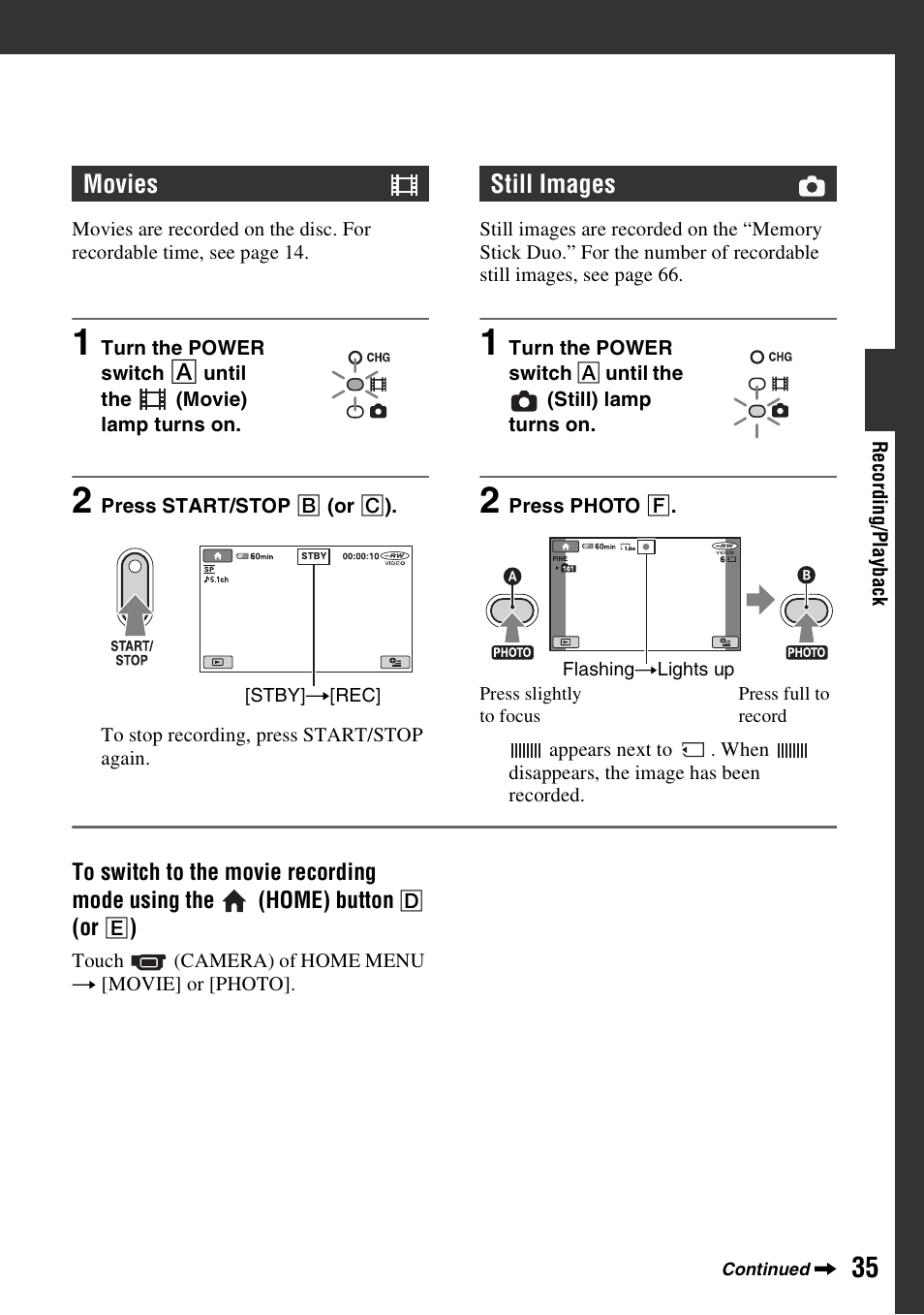 Movies, Still images | Sony DCR-DVD108BDL User Manual | Page 35 / 139