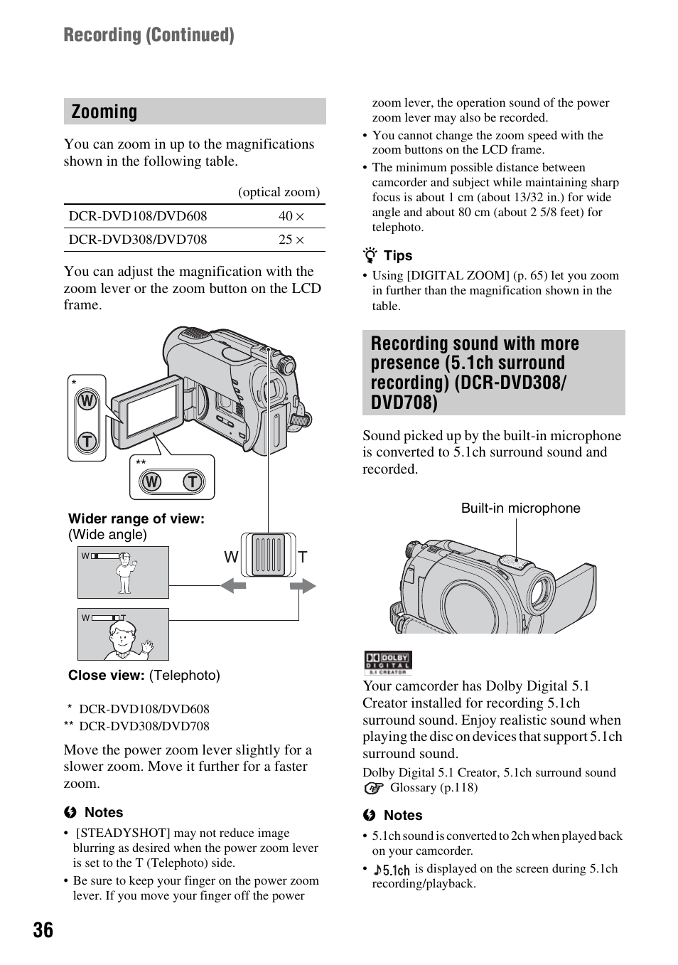 Zooming, D (p.36, Recording ( continued) | Sony DCR-DVD108BDL User Manual | Page 36 / 139