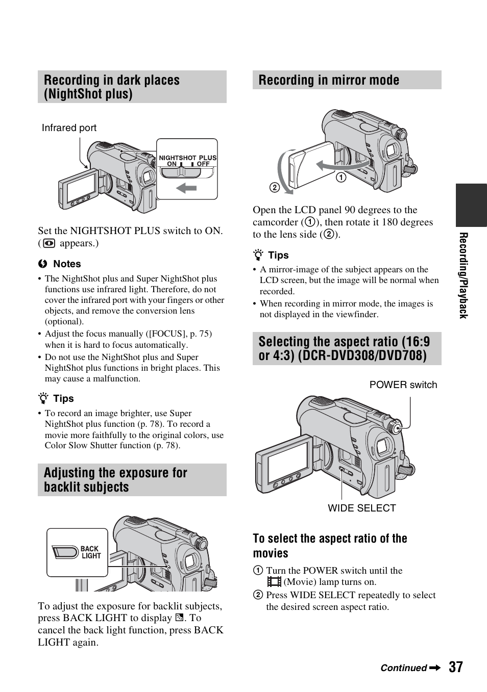 Recording in dark places (nightshot plus), Adjusting the exposure for backlit subjects, Recording in mirror mode | Sony DCR-DVD108BDL User Manual | Page 37 / 139