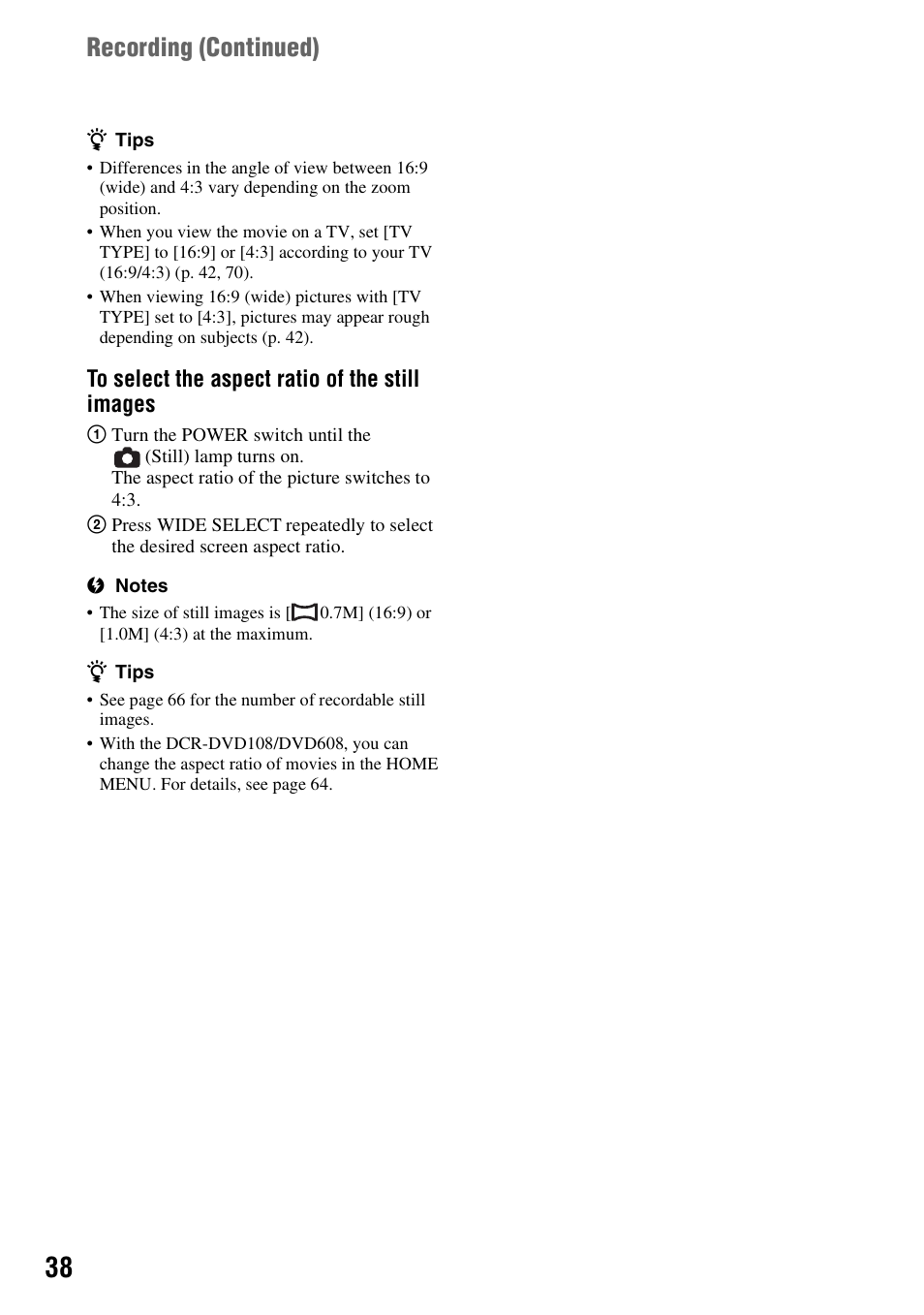 Recording ( continued) | Sony DCR-DVD108BDL User Manual | Page 38 / 139