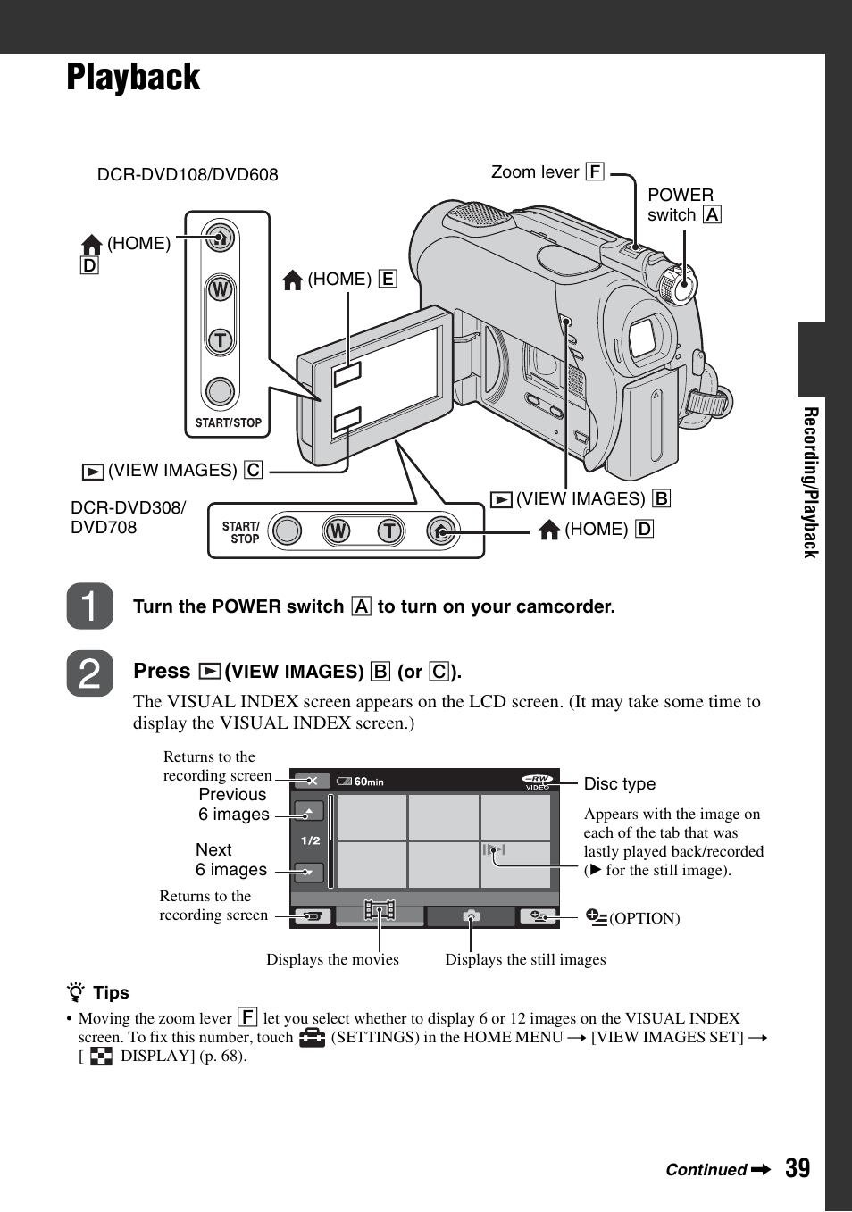 Playback | Sony DCR-DVD108BDL User Manual | Page 39 / 139