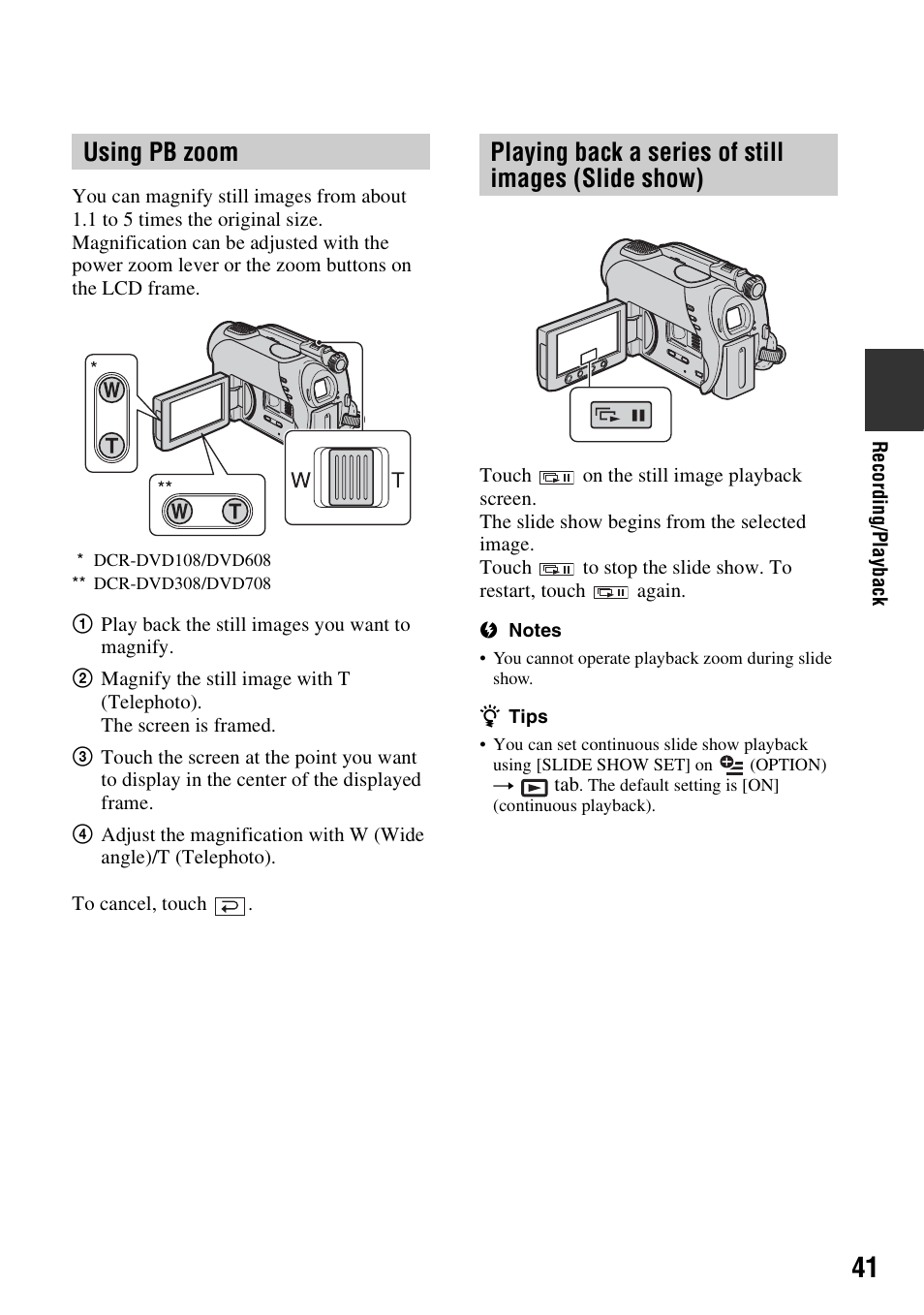 Using pb zoom, Playing back a series of still images (slide show) | Sony DCR-DVD108BDL User Manual | Page 41 / 139