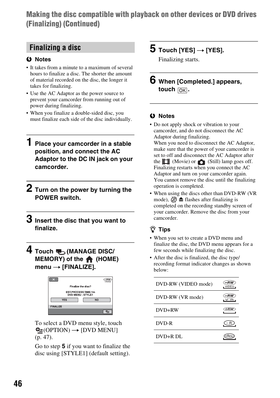 Finalizing a disc | Sony DCR-DVD108BDL User Manual | Page 46 / 139