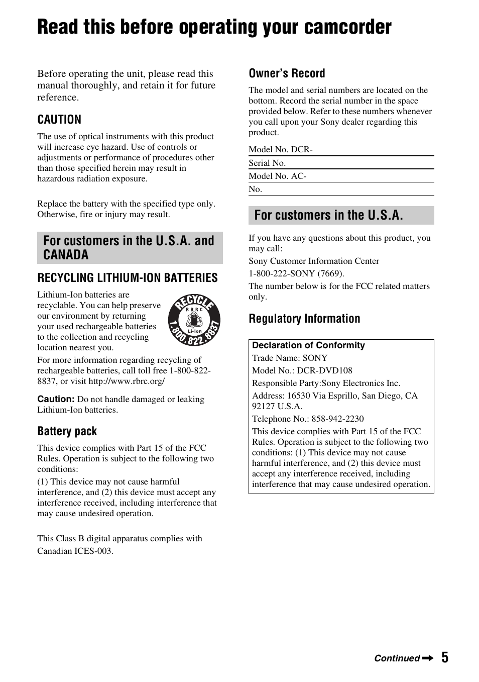 Read this before operating your camcorder, For customers in the u.s.a. and canada, For customers in the u.s.a | Sony DCR-DVD108BDL User Manual | Page 5 / 139