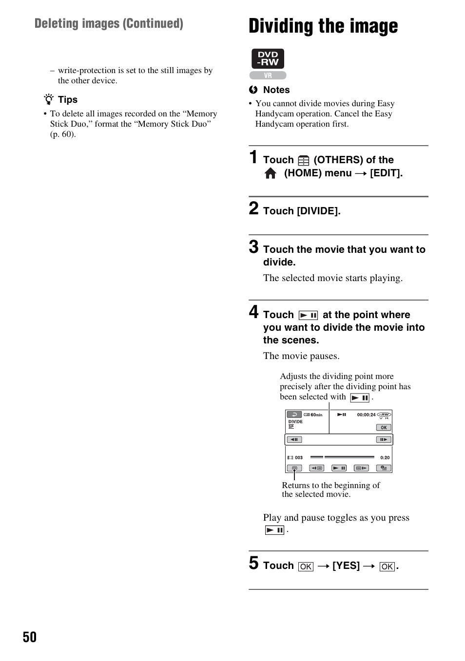 Dividing the image, P. 50) | Sony DCR-DVD108BDL User Manual | Page 50 / 139