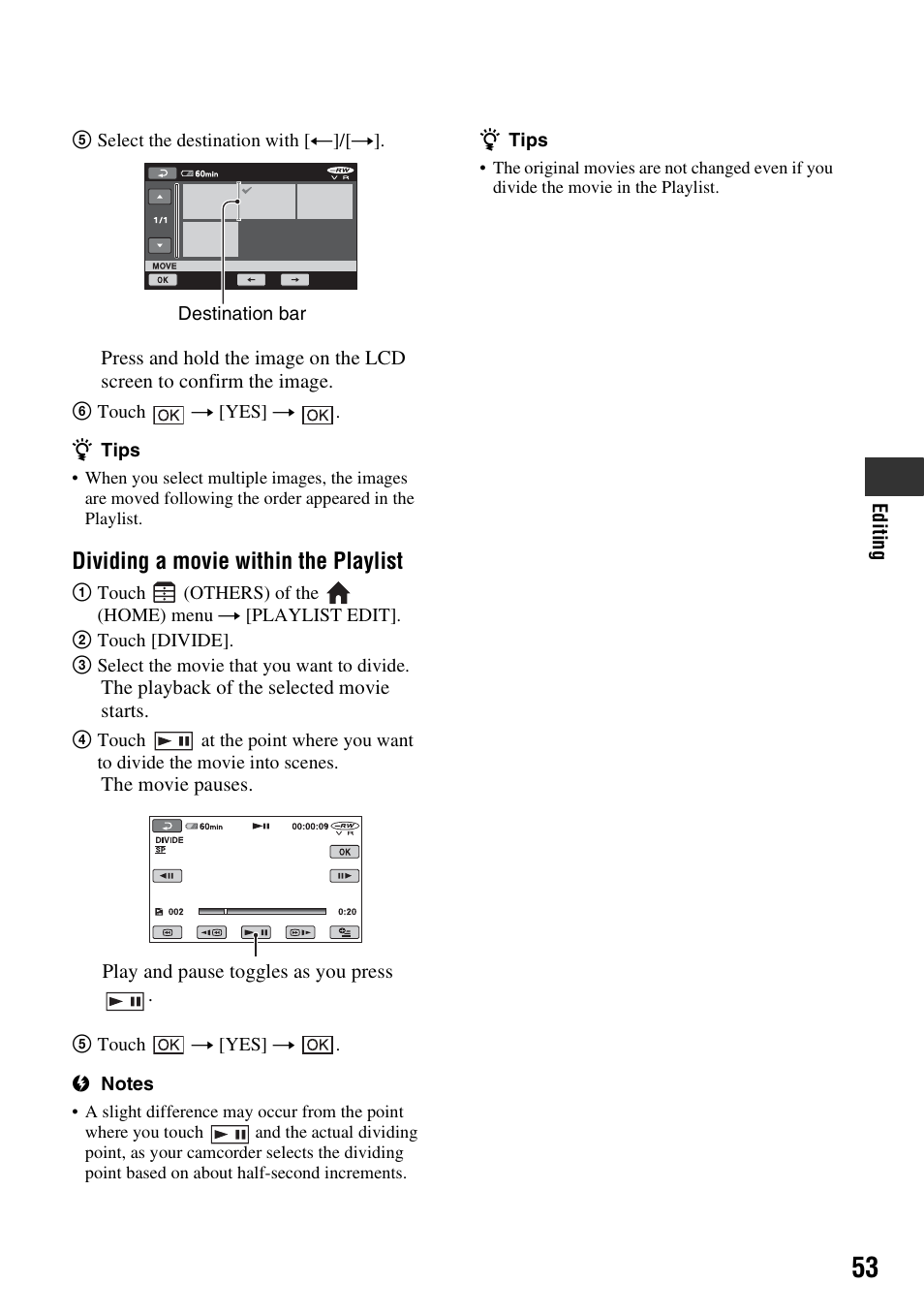 Dividing a movie within the playlist | Sony DCR-DVD108BDL User Manual | Page 53 / 139