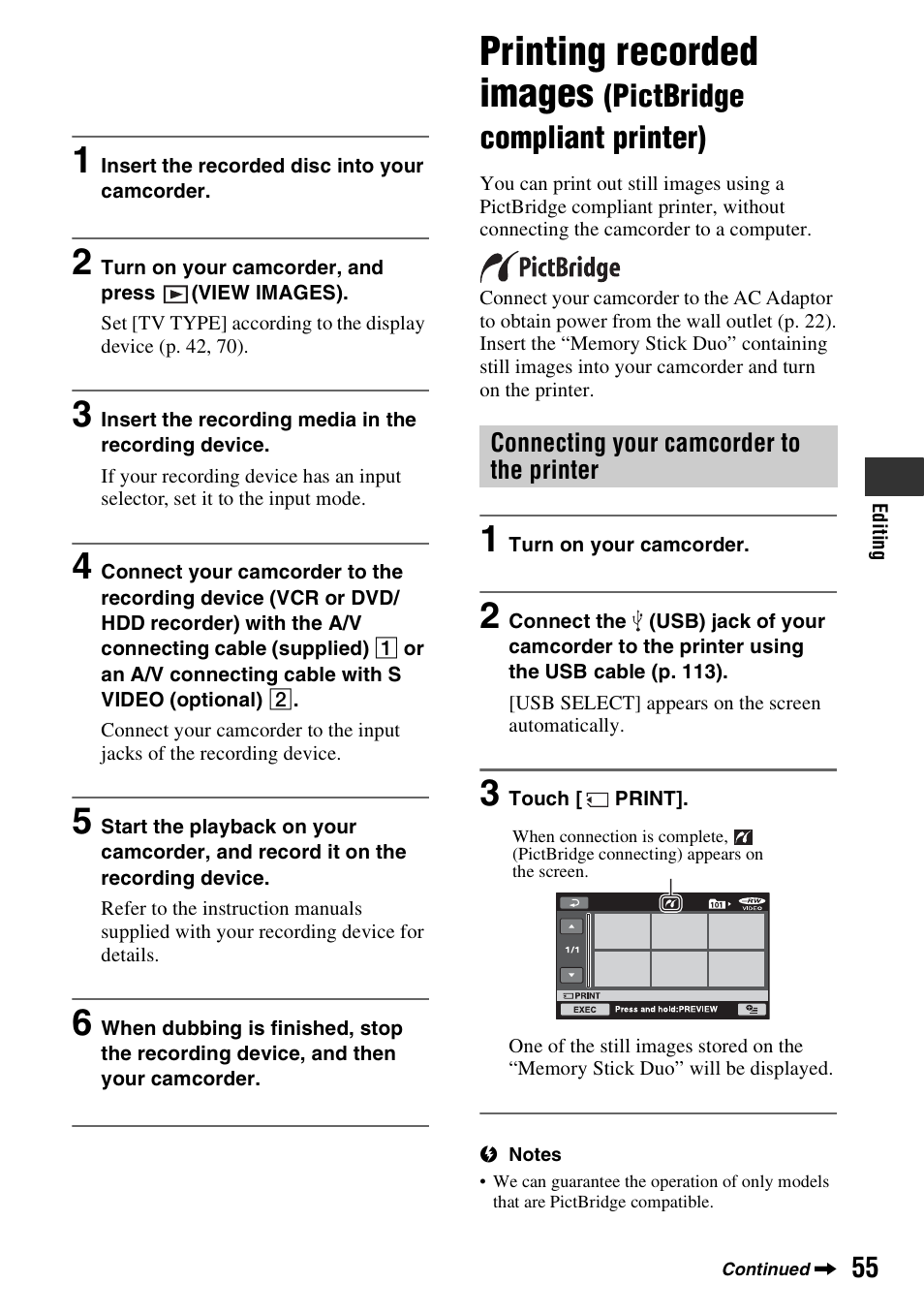 E (1) (p. 55), P. 55, Printing recorded images | Pictbridge compliant printer) | Sony DCR-DVD108BDL User Manual | Page 55 / 139