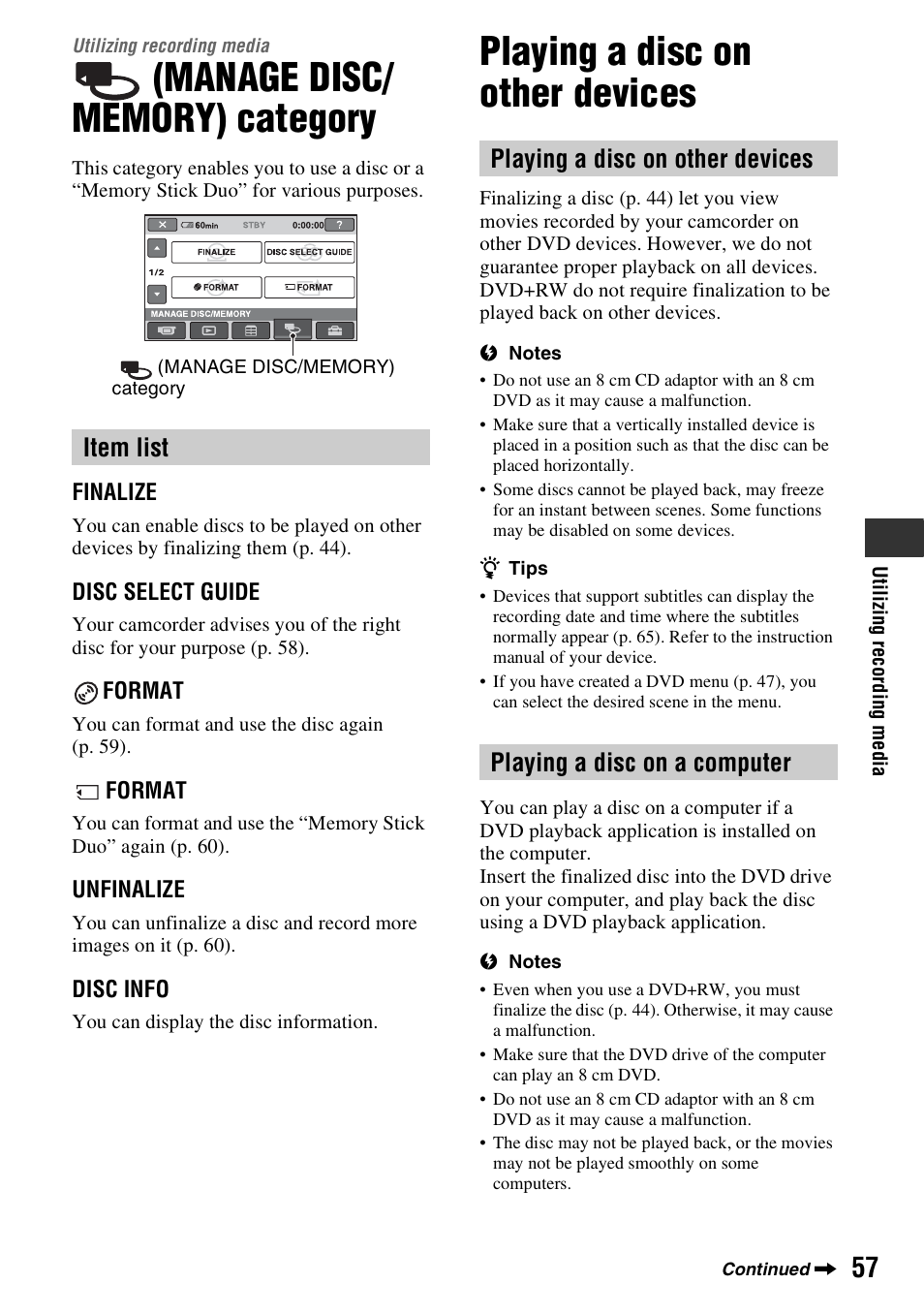 Utilizing recording media, Manage disc/ memory) category, Playing a disc on other devices | Manage, Disc/memory), Category, Item list | Sony DCR-DVD108BDL User Manual | Page 57 / 139