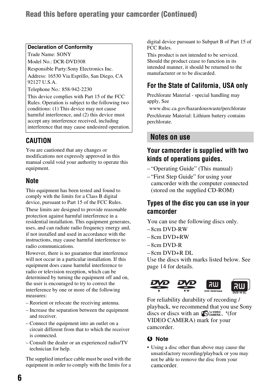 Sony DCR-DVD108BDL User Manual | Page 6 / 139