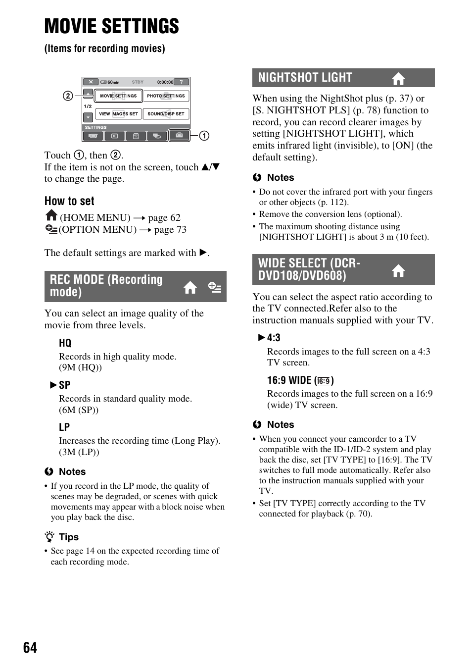 Movie settings, Items for recording movies), P. 64) | Rec mode (recording mode) | Sony DCR-DVD108BDL User Manual | Page 64 / 139