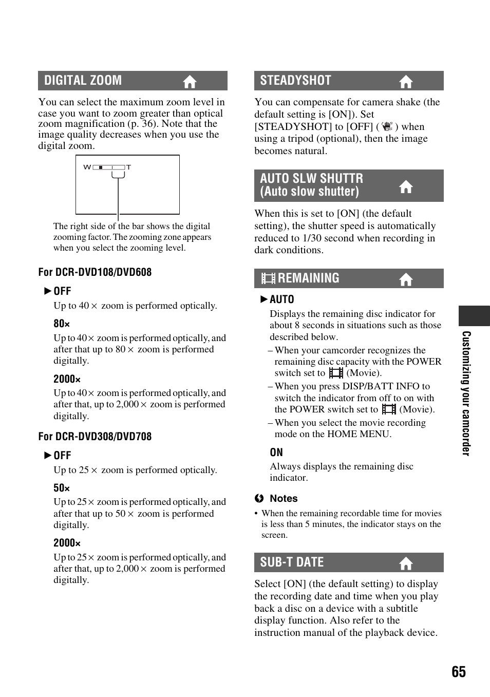 P. 65), Digital zoom | Sony DCR-DVD108BDL User Manual | Page 65 / 139