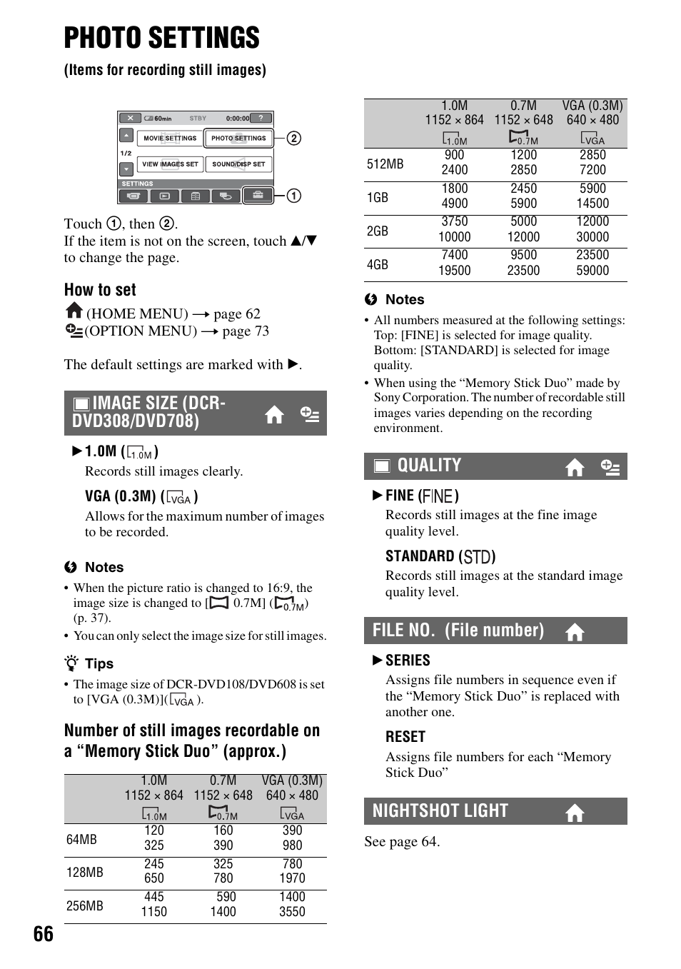 Photo settings, Items for recording still images), P. 66) | Quality file no. (file number) nightshot light, How to set | Sony DCR-DVD108BDL User Manual | Page 66 / 139