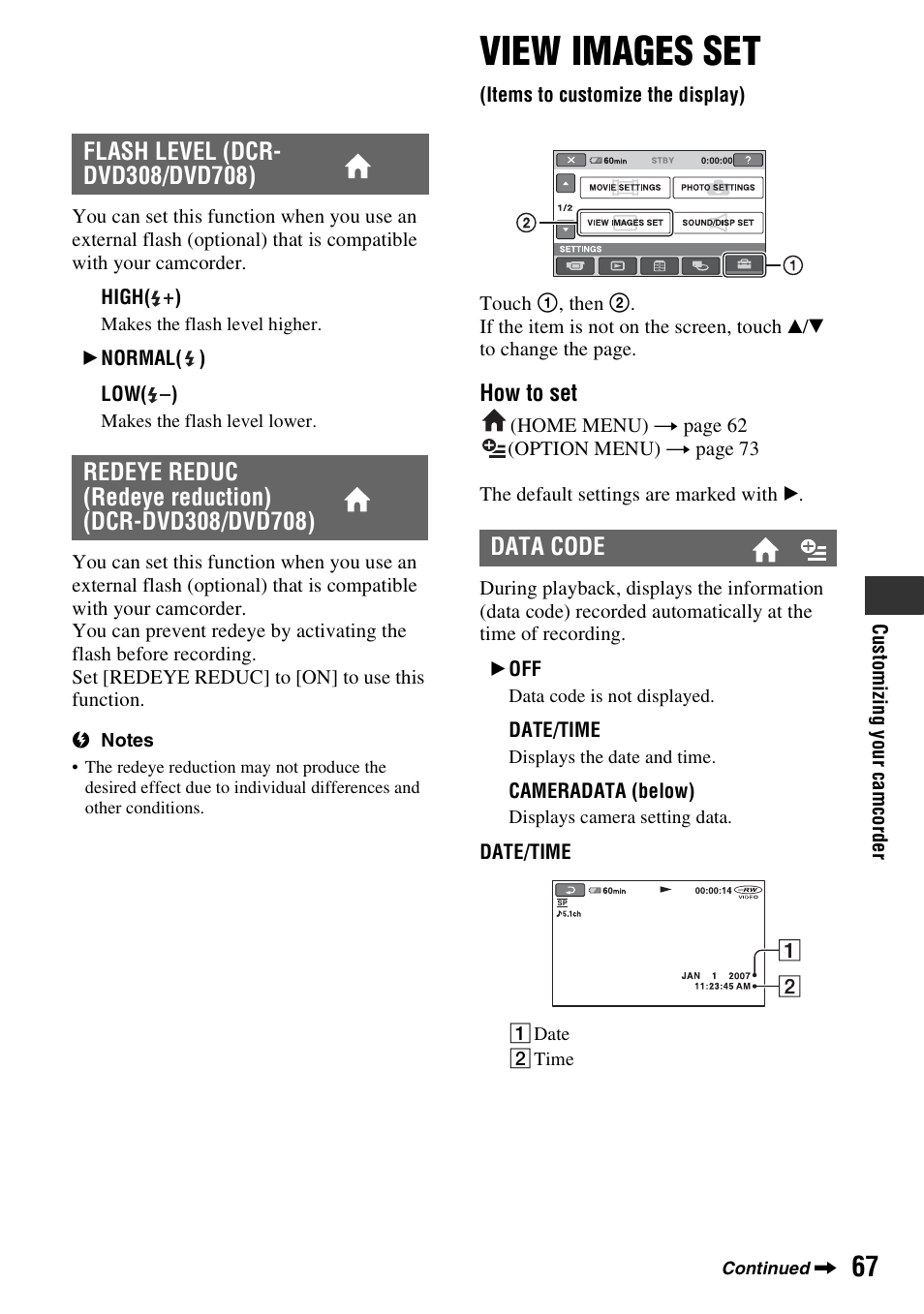 View images set, Items to customize the display), P. 67 | T (p. 67), Data code | Sony DCR-DVD108BDL User Manual | Page 67 / 139