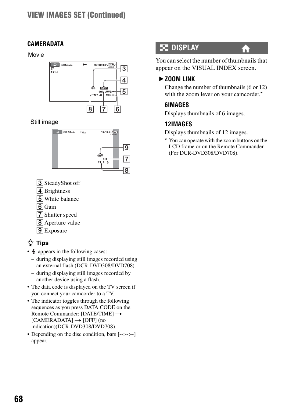 View images set (continued), Display | Sony DCR-DVD108BDL User Manual | Page 68 / 139