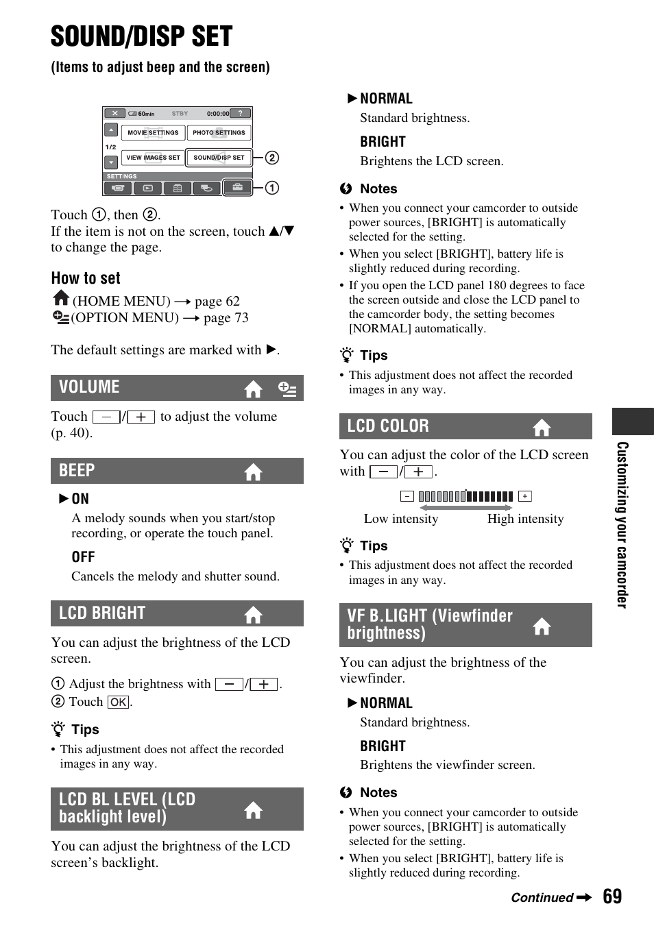 Sound/disp set, Items to adjust beep and the screen), P. 69) | Lcd color vf b.light (viewfinder brightness) | Sony DCR-DVD108BDL User Manual | Page 69 / 139