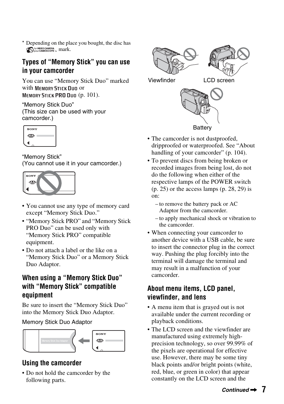 Sony DCR-DVD108BDL User Manual | Page 7 / 139