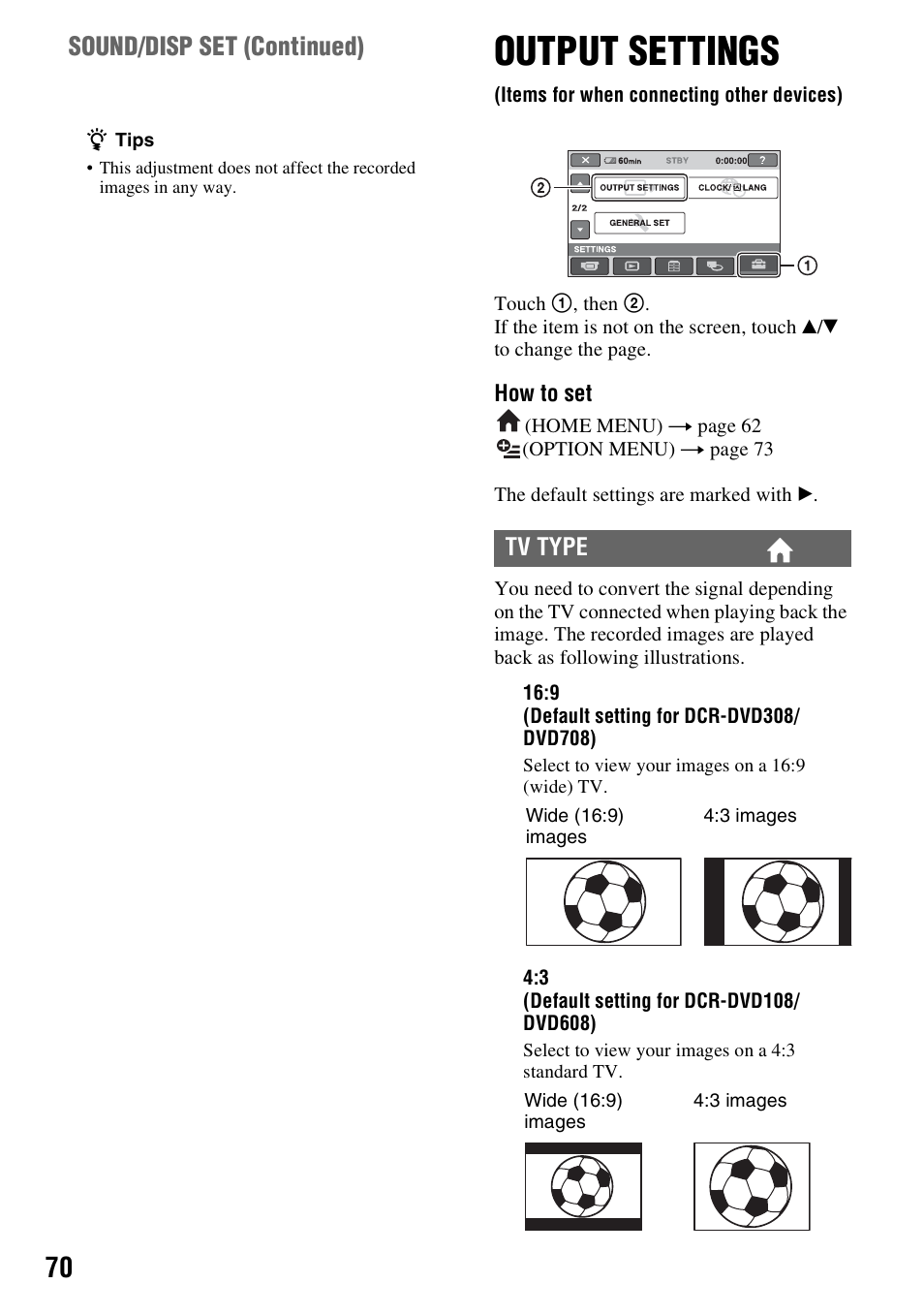 Output settings, Items for when connecting other devices), P. 70) | Sound/disp set (continued) | Sony DCR-DVD108BDL User Manual | Page 70 / 139