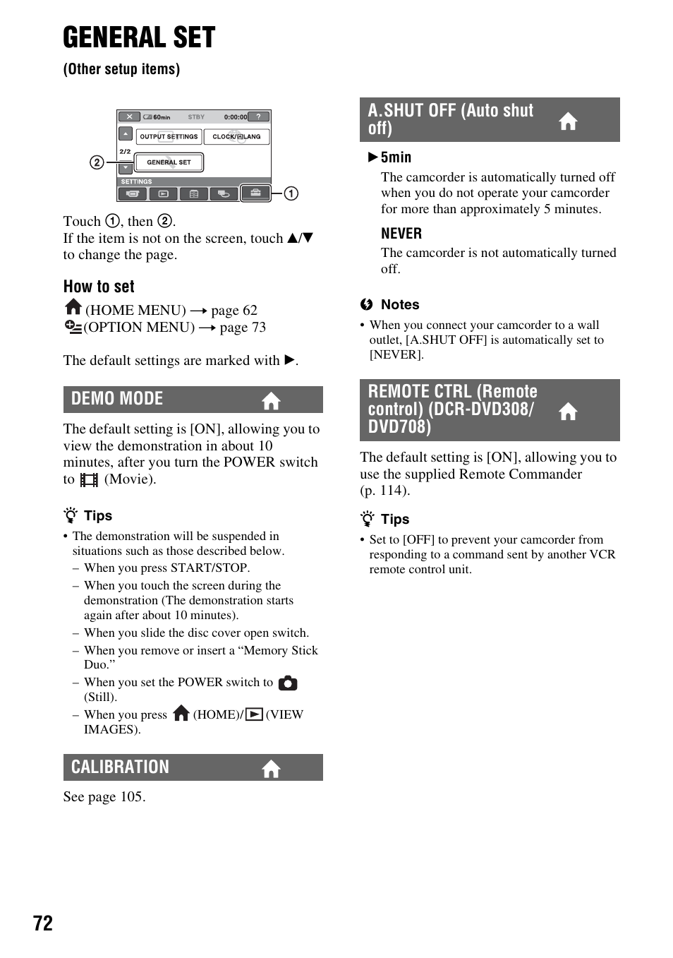 General set, Other setup items), P. 72) | Et (p. 72), Demo mode calibration | Sony DCR-DVD108BDL User Manual | Page 72 / 139