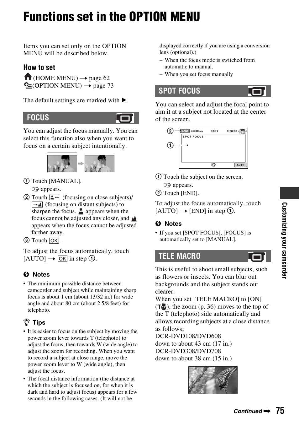 Functions set in the option menu, Focus spot focus tele macro | Sony DCR-DVD108BDL User Manual | Page 75 / 139