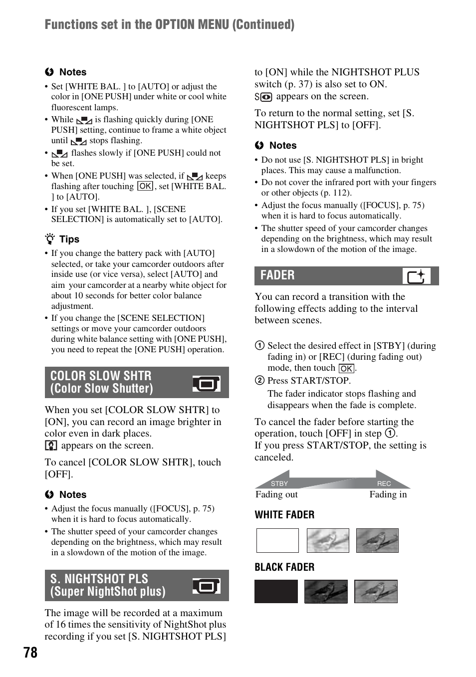 P. 78), Functions set in the option menu (continued) | Sony DCR-DVD108BDL User Manual | Page 78 / 139