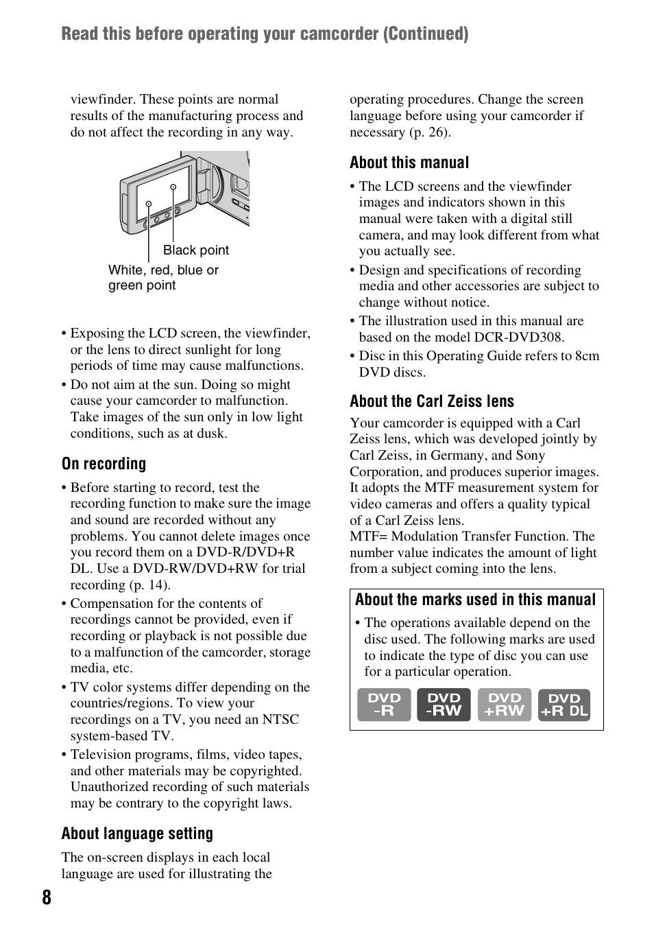 Sony DCR-DVD108BDL User Manual | Page 8 / 139