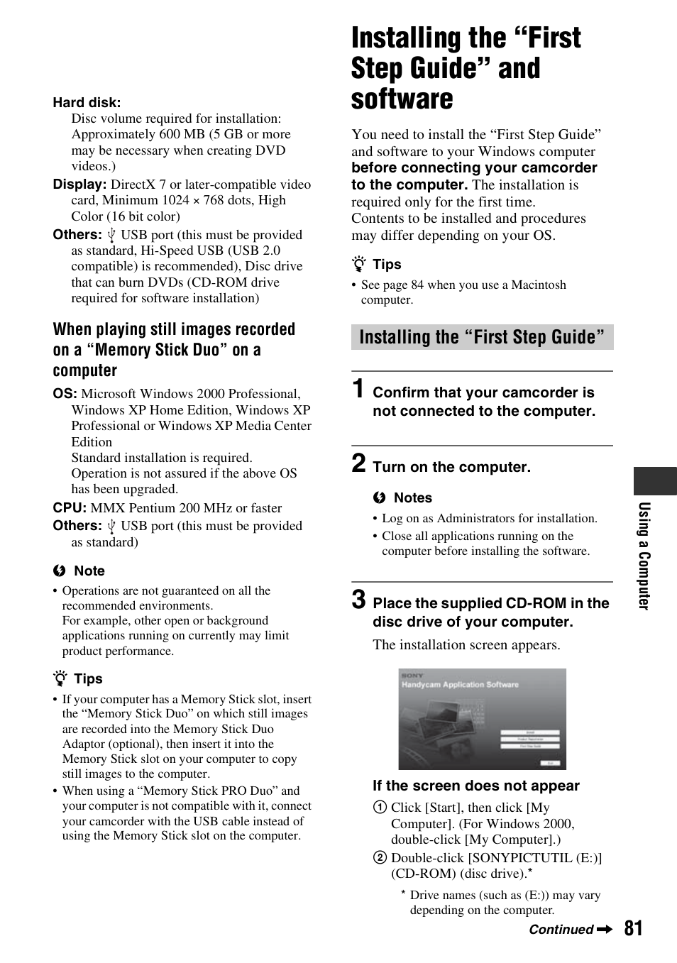 Installing the “first step guide” and software, Installing the “first step guide | Sony DCR-DVD108BDL User Manual | Page 81 / 139