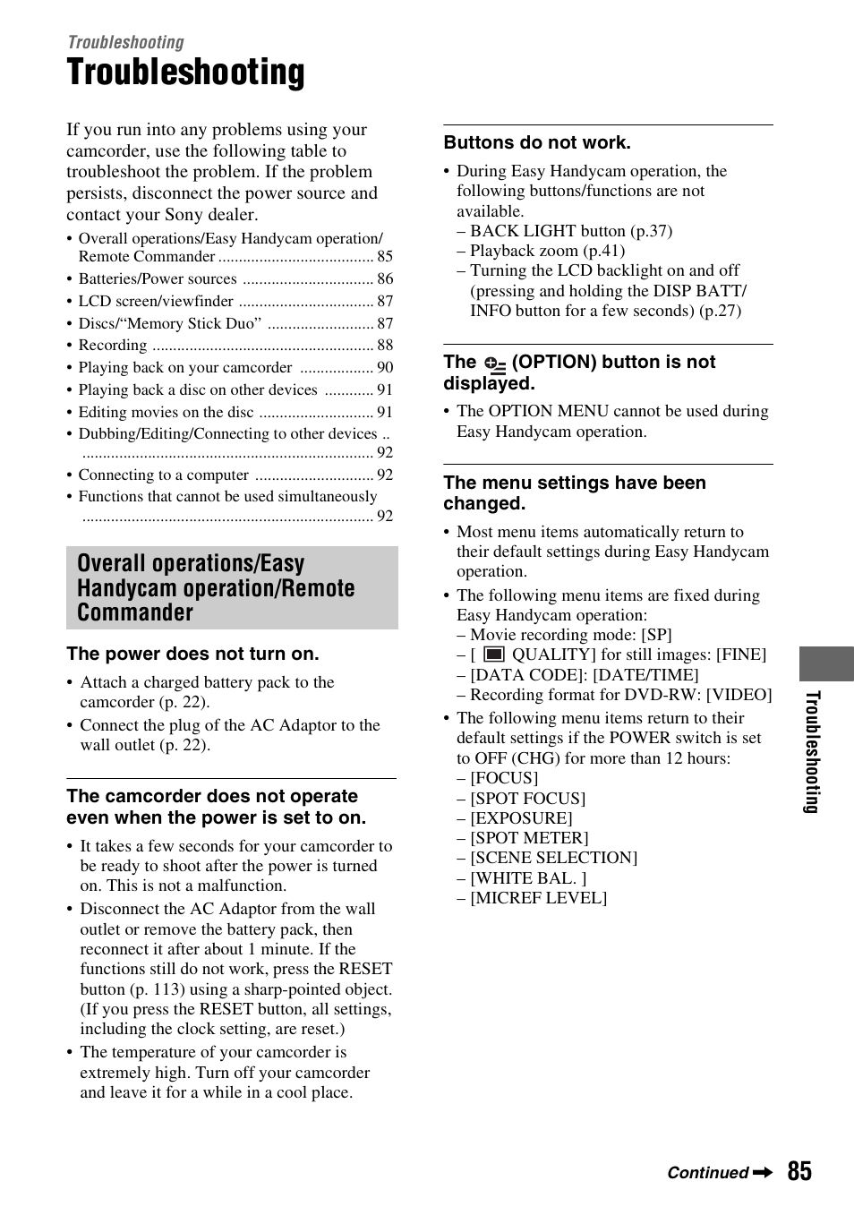 Troubleshooting, P. 85 | Sony DCR-DVD108BDL User Manual | Page 85 / 139