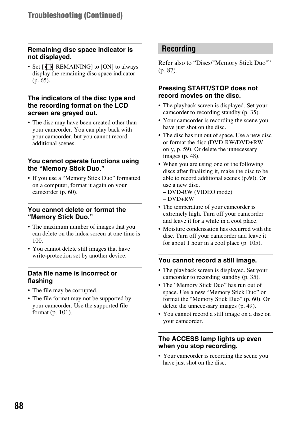 Recording troubleshooting (continued) | Sony DCR-DVD108BDL User Manual | Page 88 / 139